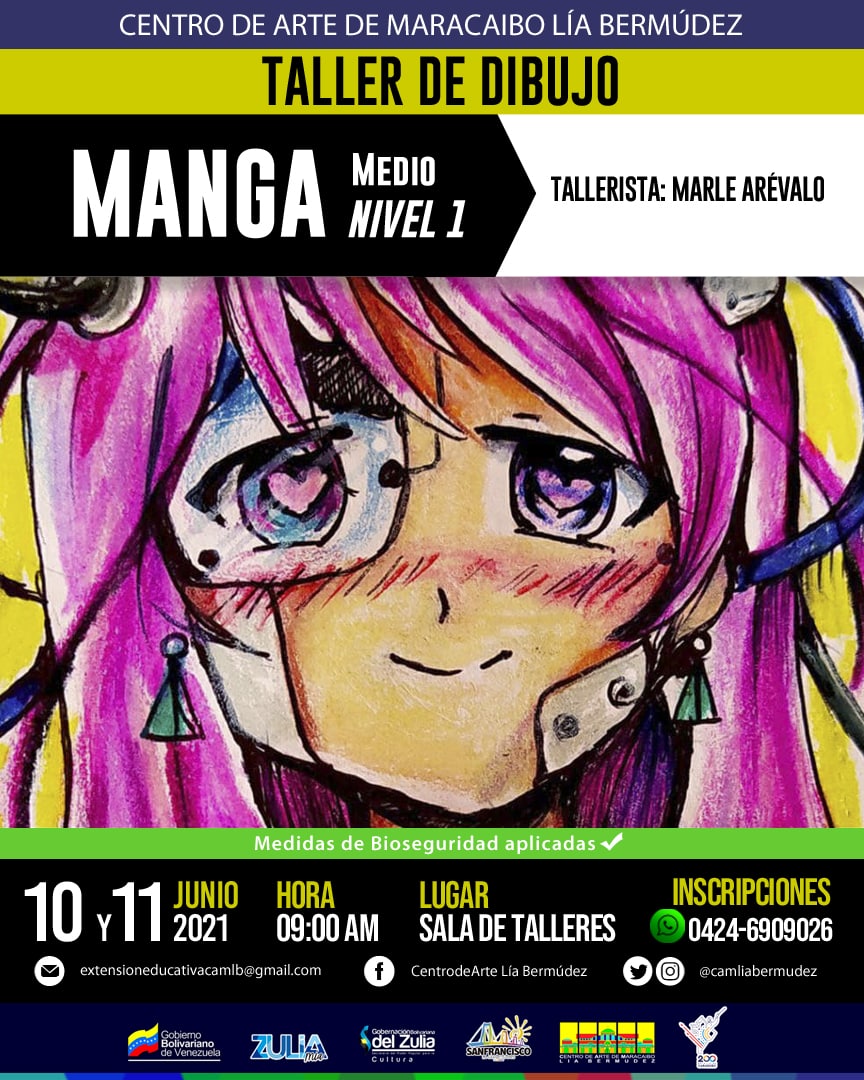 CAMLIABERMUDEZ's tweet photo. El próximo viernes 10 y sábado 11 de junio, Centro de Arte de Maracaibo Lía Bermúdez (CAMLB), te invita a participar desde las 9 a.m en el Taller de 🎨 Dibujo Manga 🎨Nivel Medio I, dictado por la tallerista Marle Arévalo, desde la sala de talleres del #Camlb.
. https://t.co/jVRPEvvh4Y