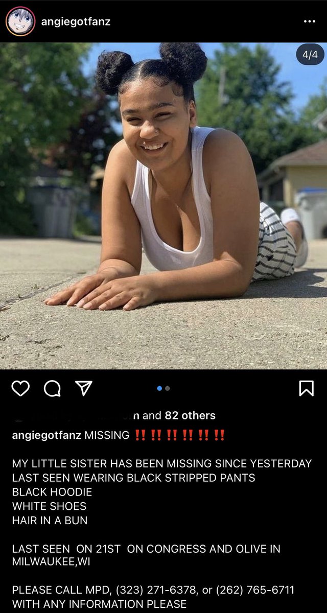 partymom6's tweet photo. Milwaukee: Candice Curry has been missing since yesterday. Last seen on 21st st in between W Congress and Olive streets, wearing black striped pants, black hoodie, white shoes and her hair in a bun. https://t.co/FeNhOBCjji