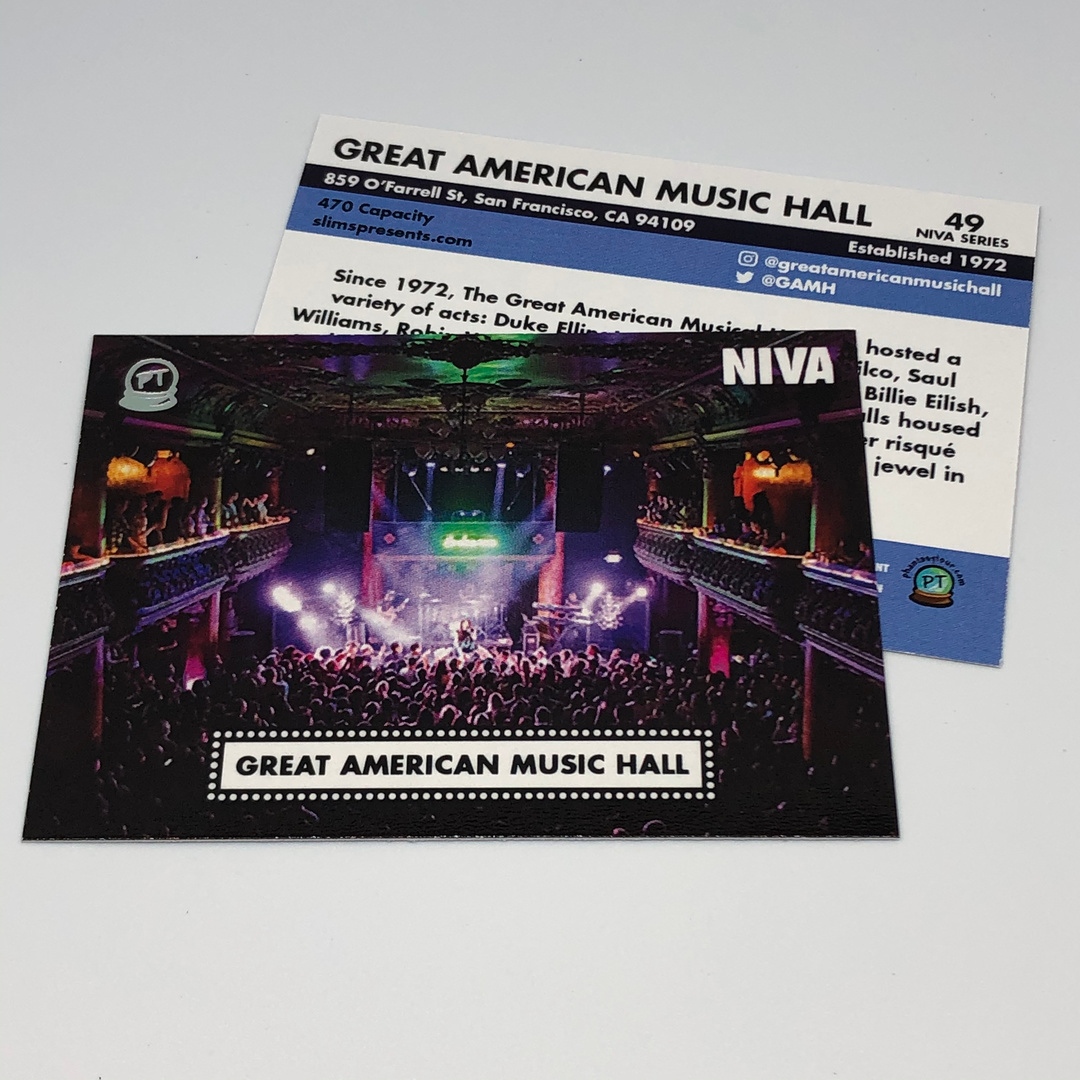 NIVA Venue Series Card #49
Great American Music Hall
📷: Monica Gonzalez
COLLECT THEM ALL: 
ptour.me/buy-pttc-niva-…
Proceeds support NIVA

#NIVA #SaveOurStages #phantasycards #pttc #venueseries #tradingcards #cardcollector #venuecards #jamcards #rockcards #phantasytour
