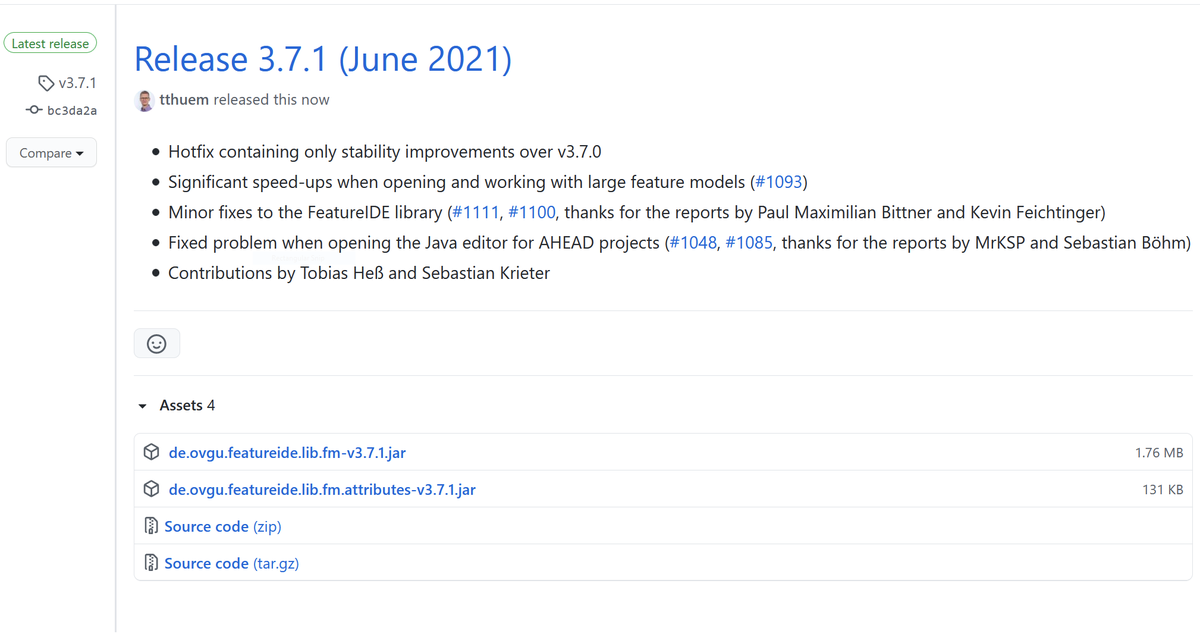 Long time no see?

After eight months, v3.7.1 is released with several improvements over v3.7.0. It is available on the update site and prepackaged versions will follow soon: github.com/FeatureIDE/Fea…

Update if you work with large feature models, AHEAD, or the FeatureIDE library.