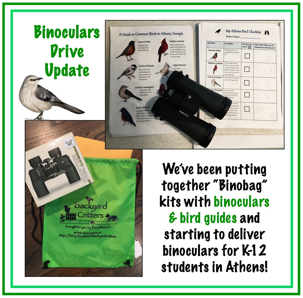 Almost exactly a year ago. Our goal was do something tangible to directly support K-12 future Black Birders in our town. We raised over $18K and distributed 131 "bino bags" to K-12 students + new college student across 8 schools in Athens, GA! #ontheirwings #BlackBirdersWeek2021