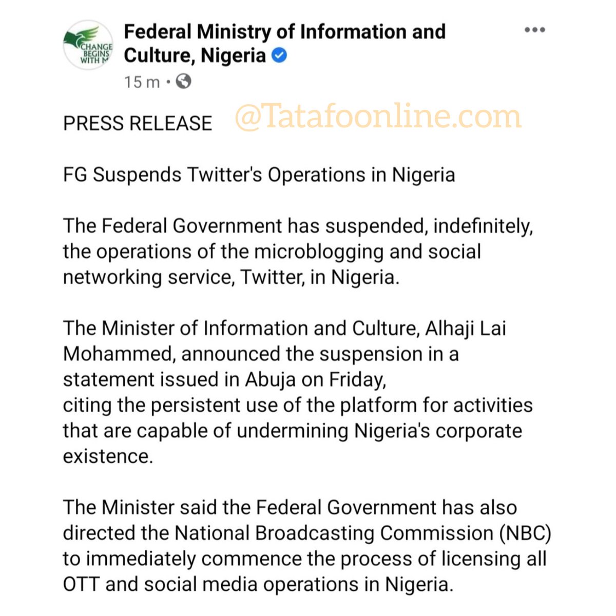 tatafoonline's tweet photo. Federal Government suspends twitter operations in Nigeria 🇳🇬. 
#FederalGovernment #Oxlade #ARISETV #twitterinnigeria https://t.co/gtYMfoxMNn