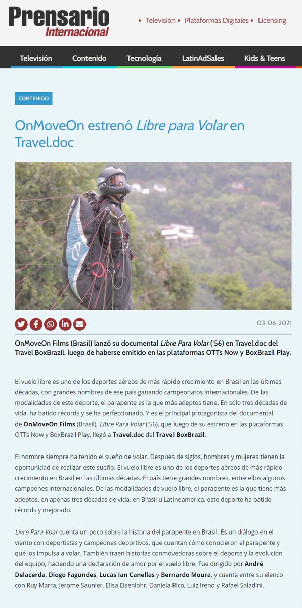 OnMoveOn's tweet photo. Filme documentario Livre Para Voar produzido pela 
@OnMoveOn é destaque na mídia internacional 
@prensario
#onmoveon #originalonmoveon #filmes #cinema #streaming https://t.co/e85eGat80a