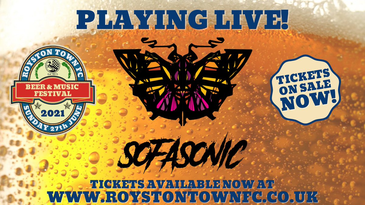 Royston Town FC (@roystontownfc) on Twitter photo The first band to be confirmed for this years Beer & Music Festival is the excellent <a href="/sofasonic/">Sofasonic</a> - a bluesy, riff-based rock band throwing out catchy melodies over toe-tapping licks!
Get your tickets now at roystontownfc.ktckts.com/event/roybmfesโฆ
#MusicFestival #LiveMusic #LiveMusicIsBack The first band to be confirmed for this years Beer & Music Festival is the excellent <a href="/sofasonic/">Sofasonic</a> - a bluesy, riff-based rock band throwing out catchy melodies over toe-tapping licks!
Get your tickets now at roystontownfc.ktckts.com/event/roybmfesโฆ
#MusicFestival #LiveMusic #LiveMusicIsBack