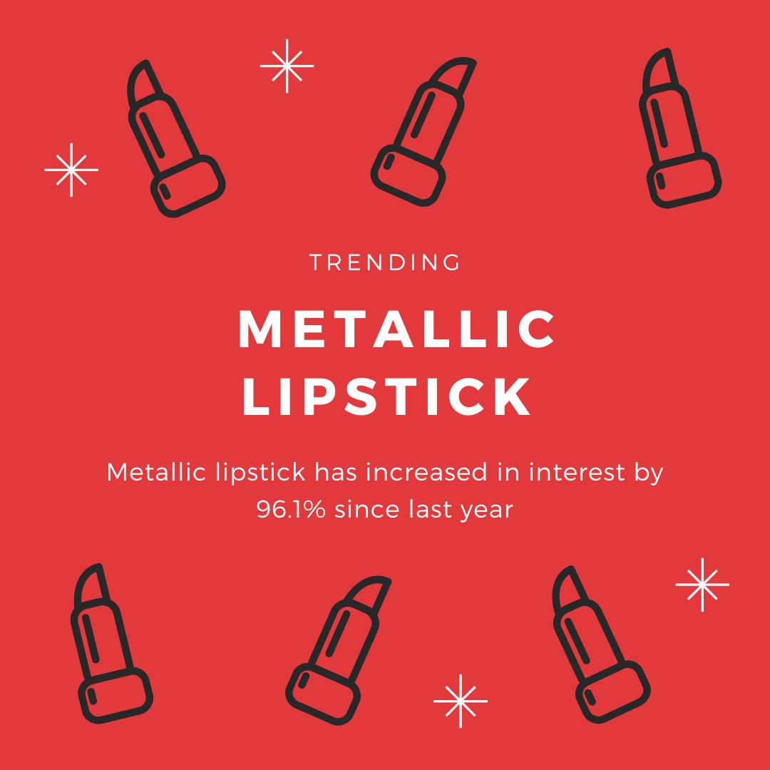 Global Cosmetic Industry (@gci_magazine) on Twitter photo On average, there are 3.5K searches for metallic lipstick with an increase in interest by 96.1% since last year, according to Spate NYC.
<a href="/Clinique/">Clinique</a>, <a href="/TooFaced/">Too Faced Cosmetics</a>, @NyxCosmetics and <a href="/hudabeauty/">Huda Beauty</a> are the top brands searched alongside the trend. On average, there are 3.5K searches for metallic lipstick with an increase in interest by 96.1% since last year, according to Spate NYC.
<a href="/Clinique/">Clinique</a>, <a href="/TooFaced/">Too Faced Cosmetics</a>, @NyxCosmetics and <a href="/hudabeauty/">Huda Beauty</a> are the top brands searched alongside the trend.