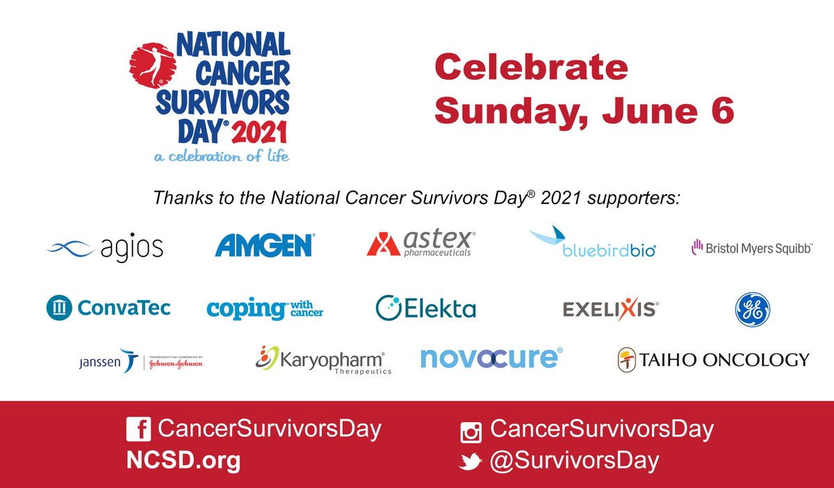 SurvivorsDay's tweet photo. We'd like to take a moment to thank our #NCSD2021 national supporters and their generosity:

@Agiospharma @amgen Astex Pharma @bluebirdbio @bmsnews @convatex @coping_cancer @gehealthcare
@elekta @exelixisinc @janssenglobal @karyopharm @novocure @TaihoOncology

#NCSD https://t.co/5FJm6hKYPQ