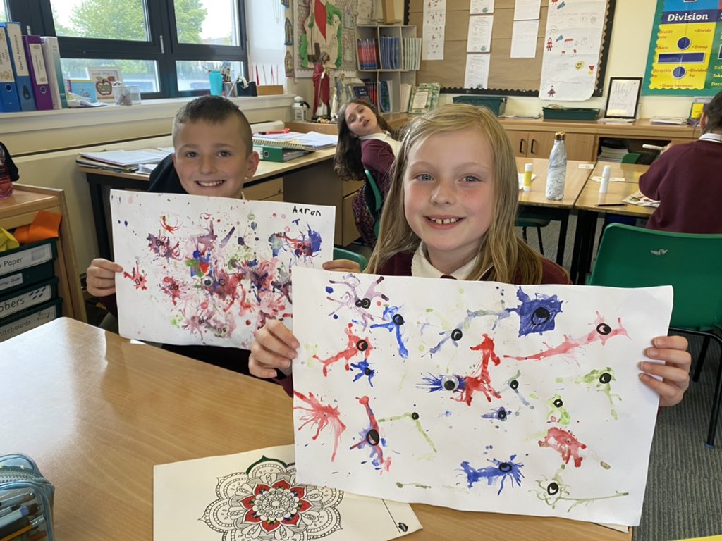 missbowie19's tweet photo. P4 have been learning about forces. We experimented how force can change the movement of paint. We then bought the monsters to life by adding detail! 🎨👀 @StMichaelP4 @SMPG1964 https://t.co/nJvbViE2yP