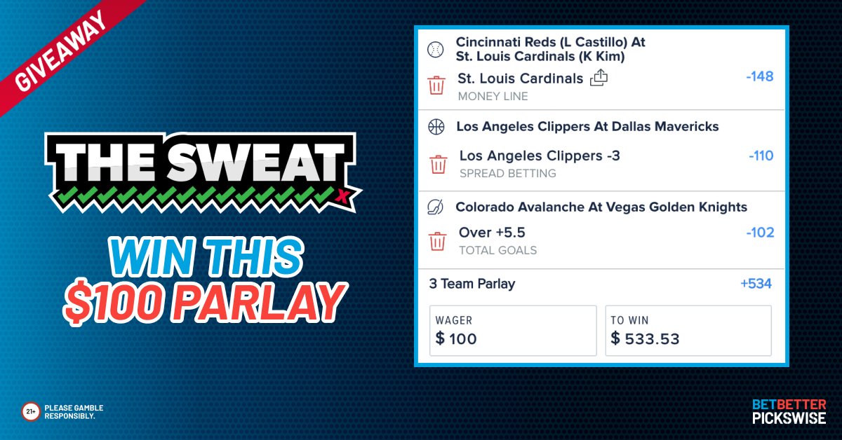Pickswise's tweet image. 🚨 THE SWEAT $533 PARLAY GIVEAWAY 🚨

We will share the winnings of our Parlay Play with ONE LUCKY follower 💰

How To Enter 👇
- Follow @Pickswise
- Retweet Giveaway

Want an EXTRA entry? 📈
- Follow us on INSTAGRAM 
@Pickswise