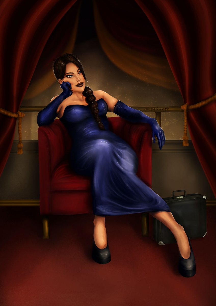 A digital illustration of Lara Croft in her blue ball gown from Tomb Raider Chronicles by Peter Wuornos. She is sitting in a red chair with one hand pressed against her cheek.