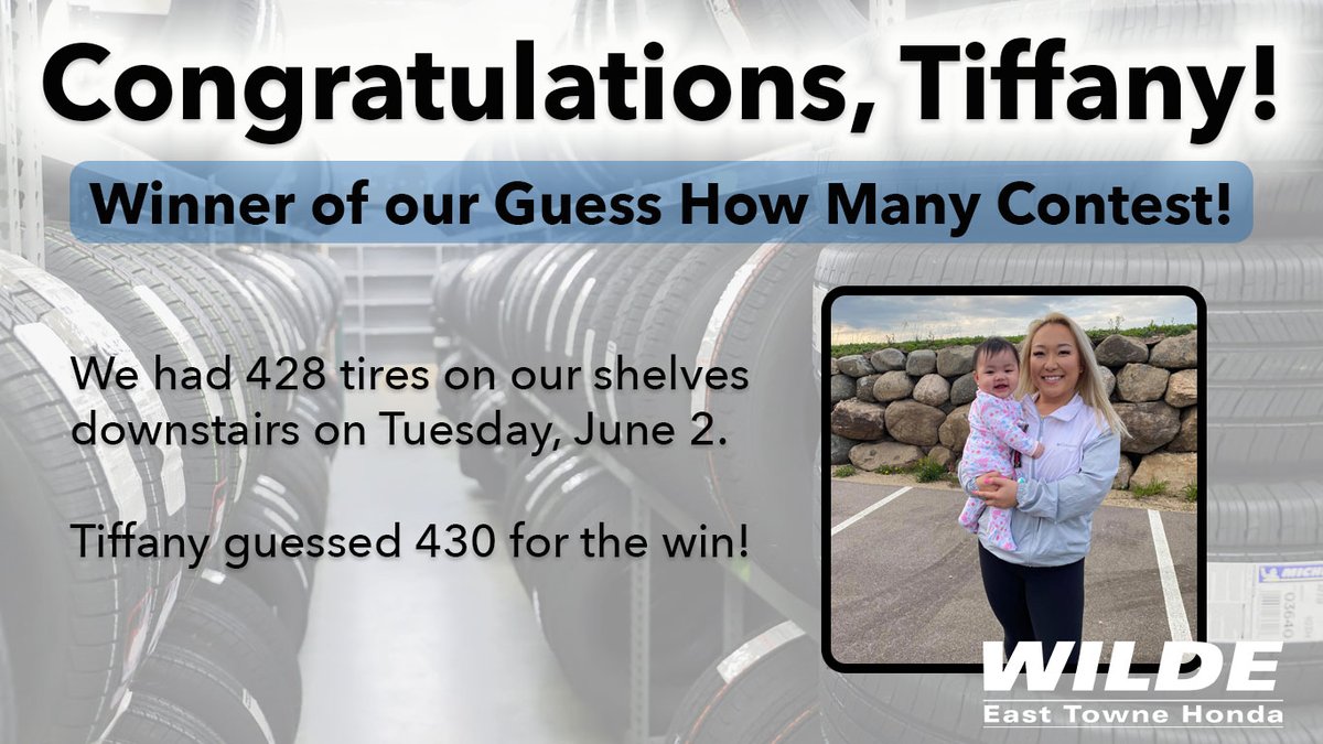 WildeETHonda's tweet photo. Way to go, Tiffany! And thanks to everyone who participated in our contest!
We had 428 tires on our shelves on Tuesday, June 2.
Tiffany has won two tickets to Noah's Ark, including parking ($100 value) for her guess of 430 tires!
#Contest #Winner #WildeContest #Tires https://t.co/QMsqijRwz1