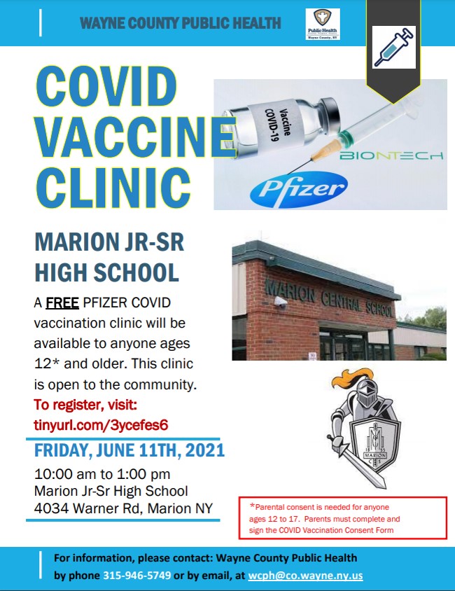 Wayne County Public Health will conduct a free COVID-19 clinic at Marion Junior-Senior High School from 10 a.m. until 1 p.m. on Friday, June 11. The clinic is open to community residents 12 and over.
More details here: tinyurl.com/4w2r9eep