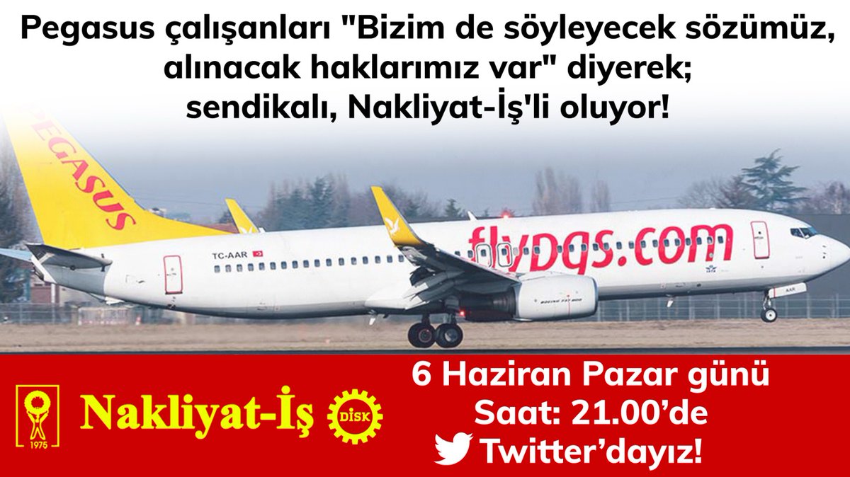 Pegasus çalışanları "Bizimde söylenecek sözümüz, alınacak haklarımız var" diyerek Sendikalı Nakliyat-İş'li oluyor. 
6 Haziran Pazar günü saat 21:00'da Twitter'dayız.... <a href="/pgs_calisanlari/">Sendikamız DİSK/Nakliyat-İş</a>