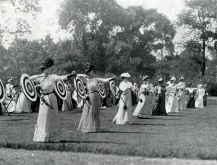 Ladies meeting of the Royal Toxophilite Society (one of the oldest archery societies in the UK) in the Botanic Gardens, Regents Park London 1900