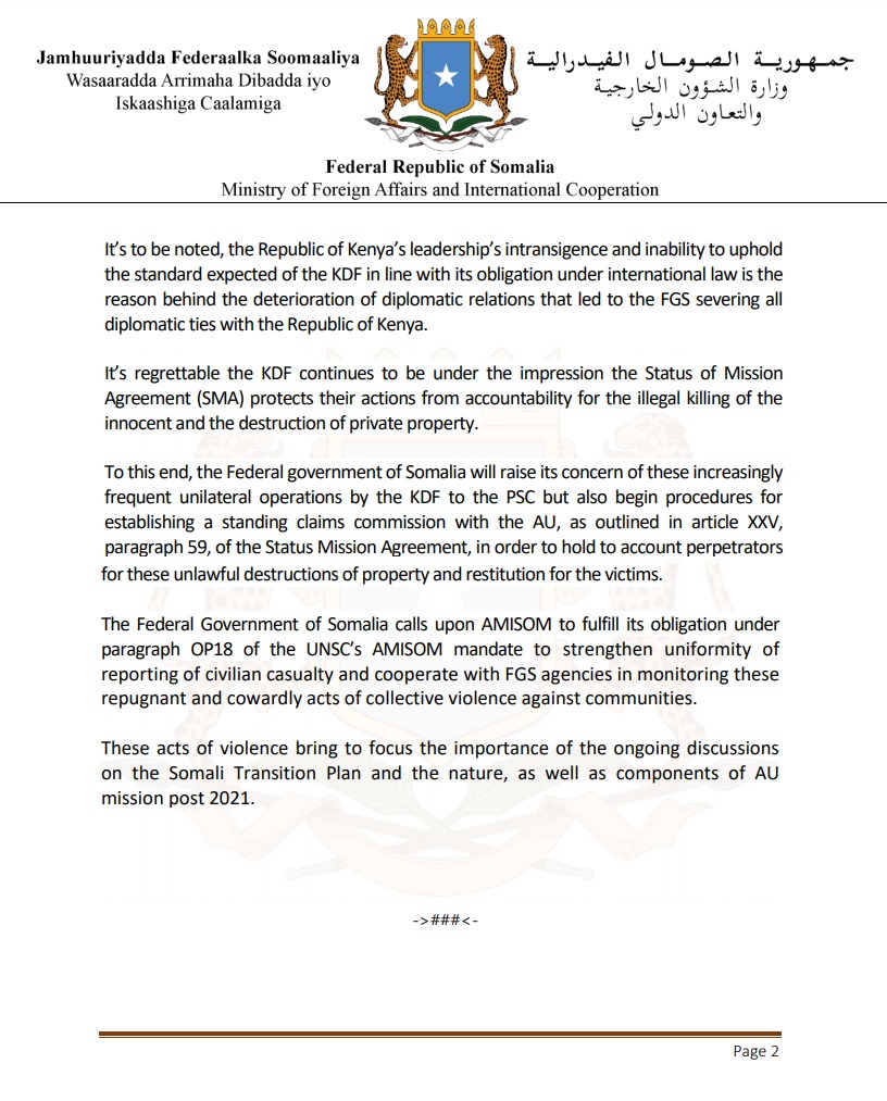 The FGS strongly condemns the continual #Kenyan airstrikes that kill and maim civilians in #Somalia.  The indiscriminate airstrike in El Adde and Hisa-u-gur in #Gedo region, on the 3rd of June, is the most recent example of #KDF operations.
🔗➡mfa.gov.so/wp-content/upl…
#AMISOM #AU