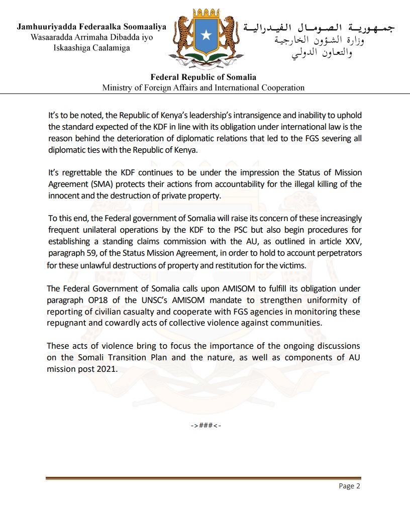 The FGS strongly condemns the continual #Kenyan airstrikes that kill and maim civilians in #Somalia. The indiscriminate airstrike in El Adde and Hisa-u-gur in #Gedo region, on the 3rd of June, is the most recent example of #KDF operations. 🔗➡mfa.gov.so/wp-content/upl… #AMISOM #AU