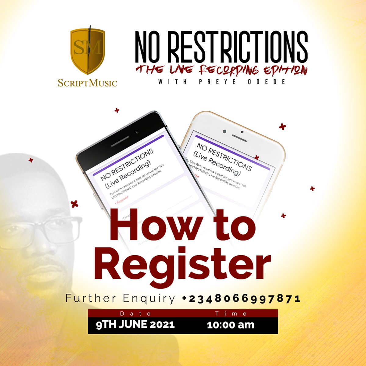 scriptmusicng's tweet image. Having troubles trying to register for the "NO RESTRICTIONS" Live recording edition, here's a quick and simple tip to aid you.
.
Kindly swipe through to see 👉🏾
.
#scriptmusic #musicsessions #musicproduction #rehearsalstudio #norestrictions #liverecording #newedition