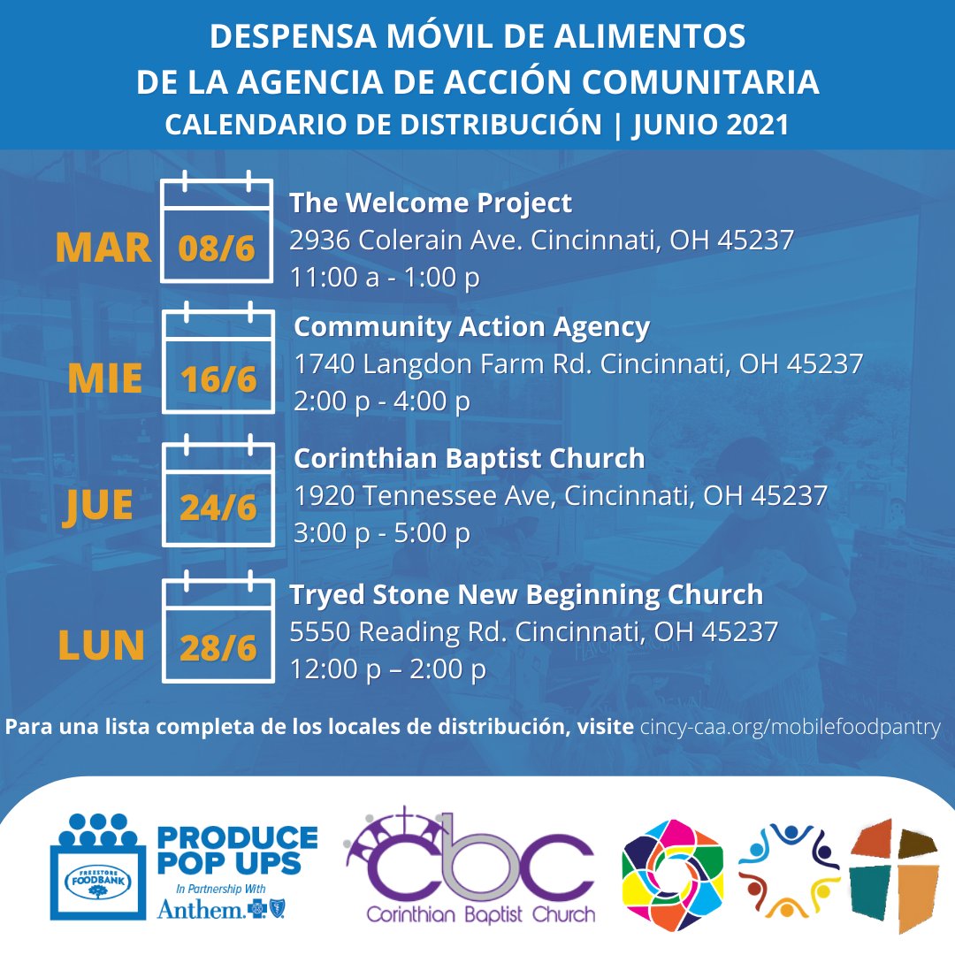 CincyCAA's tweet photo. Here is a look at our upcoming June Mobile Food Pantry dates and locations. Our next pantry will be hosted next Tuesday, June 8 from 11a - 1p at The Welcome Project. We look forward to serving you! #CommunityActionWorks #ProducePopUp https://t.co/ZTDECZxajT