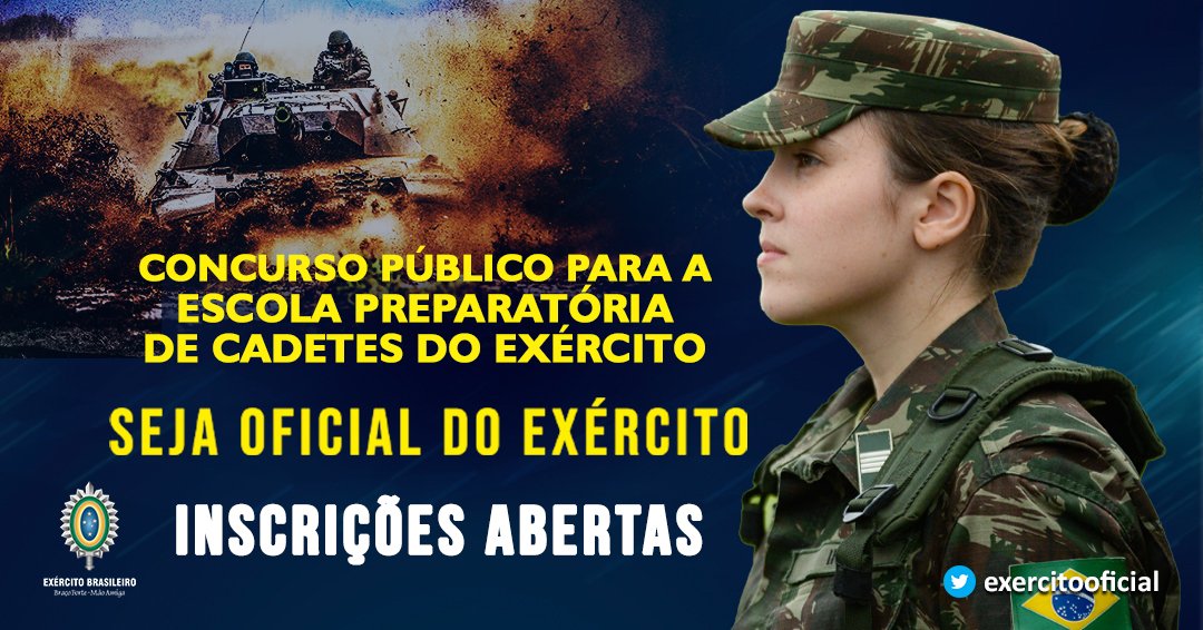 Exército Brasileiro 🇧🇷 on X: Estão abertas as inscrições para o concurso  da Escola Preparatória de Cadetes do Exército #EsPCEx Acesse:   #ConcursoExército #ConcursoEsPCEx2021  #concursopublico #VemSerCadete