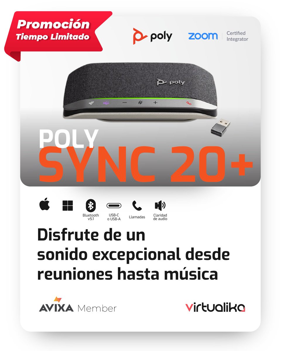 virtualika_ec's tweet photo. ¿Necesitas una calidad de audio excepcional para tus videoconferencias? Poly Sync 20+ te dará eso y mucho más, con certificación para ZOOM. Pregunta por nuestra Promoción de tiempo limitado.

Conozca más de nuestros productos:
🔴 https://t.co/fsZKa6WBVd

#Teletrabajo #Audio #Poly https://t.co/Xzu2u4D3EW