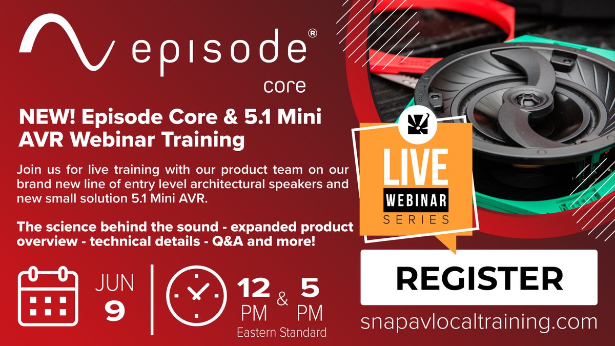 Snap_One_'s tweet photo. Next #webinarwednesday: Dive into the new Episode CORE series—deliver great sound at great prices!
June 9 @ 12 p.m. Eastern (9 a.m. Pacific)
https://t.co/OED4e6DcV6
June 9 @ 5 p.m. Eastern (2 p.m. Pacific)
https://t.co/dvleVJVFoO
#whereprosbuyaudio #snapav #avtweeps https://t.co/lyE9YwXz4i