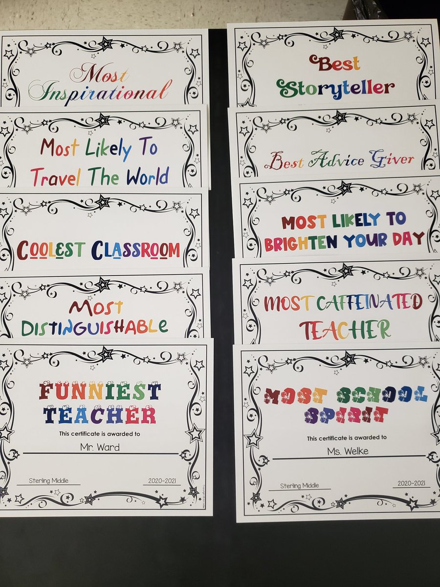 Results of student voted Teacher superlatives are in!! 

So proud of these certificates and these fun fonts! 

Congrats to the well deserving teachers at <a href="/SterlingMiddle1/">Sterling MS</a>