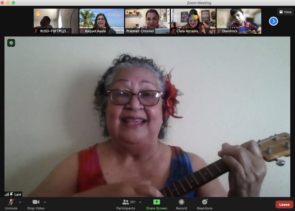 Raquel47's tweet photo. We enjoyed a virtual Hawaiian luau with special guest, Mrs. Leilani Martinez who taught us about Polynesian culture and she sang beautifully with her ukulele. Shout out to @prabhati75 for organizing such a great event! #thinkfirst #WeAreRUSD #RorimerDualProgram @RorimerRoyals https://t.co/r3Yp6f2Ifb