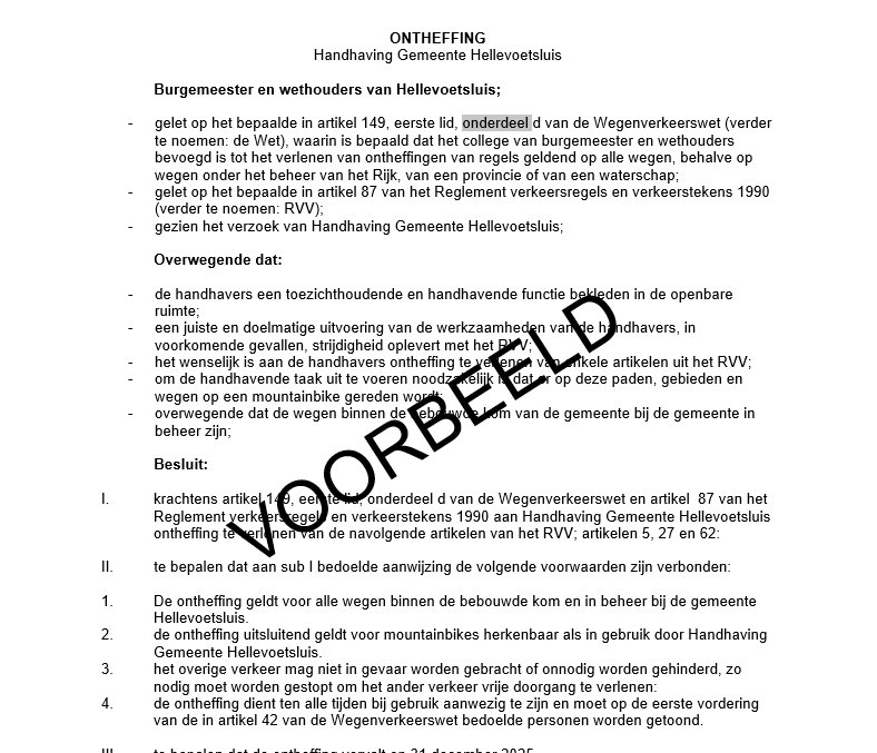 Ontheffing Reglement verkeersregels en verkeerstekens (RVV)
 
Team Handhaving verplaatst zich te voet, op de fiets of met het dienstvoertuig. Voor de uitvoering van onze werkzaamheden is het soms noodzakelijk dat wij ons hierdoor niet aan de verkeersregels houden.