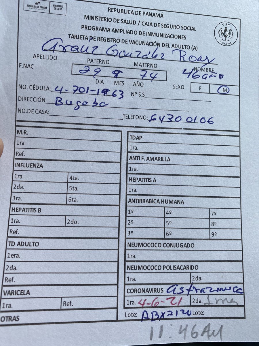 Hoy nos correspondió la cita para aplicarnos la vacuna #AstraZeneca en auto express de la Feria de David. Recordemos q es una responsabilidad d todos acudir a la vacunación cuando nos corresponde según nuestra edad, profesión y condición médica. Primero Dios saldremos adelante.💪