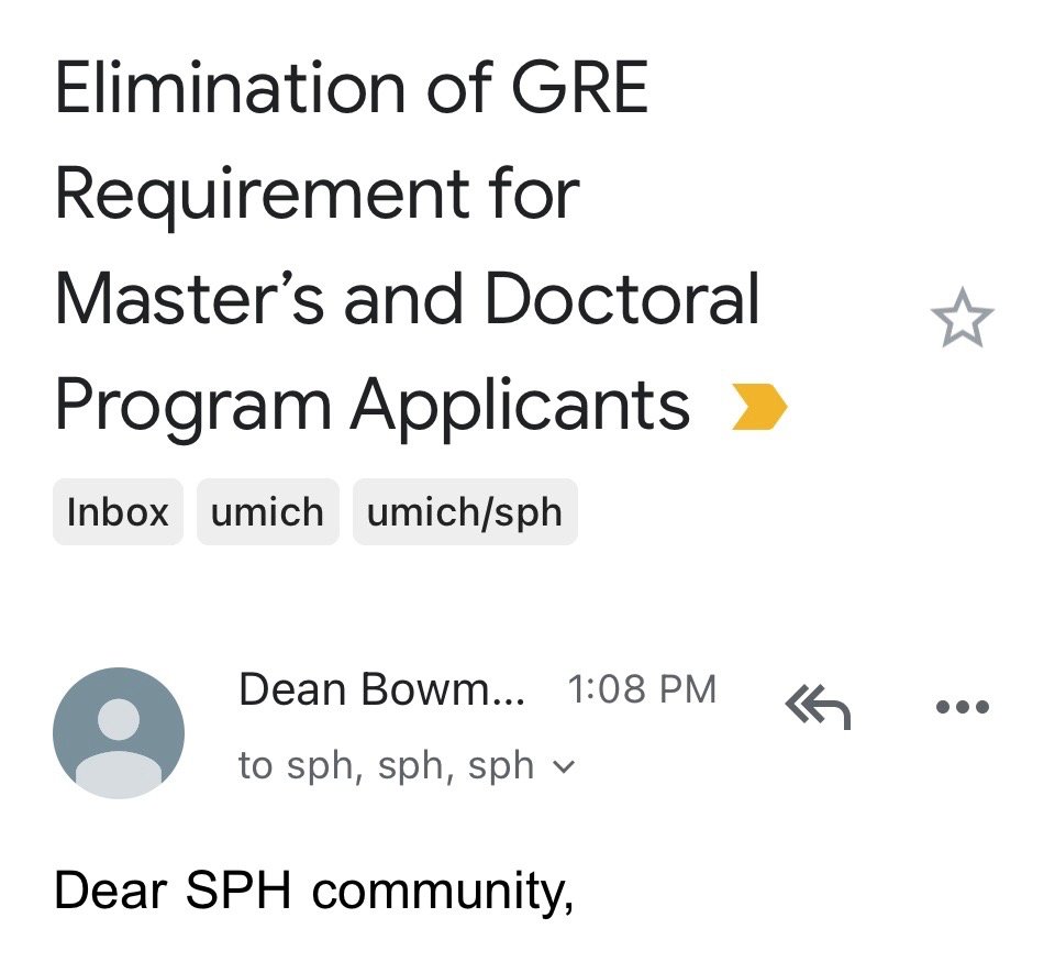 JAMicrobe's tweet image. Big news! @umichsph has permanently removed the #GRE requirement for MPH and MHSA degrees. MS and PhDs will continue to be waived for Fall 2022 as they continue making decisions.

@PhDVoice #GradApps #PublicHealth