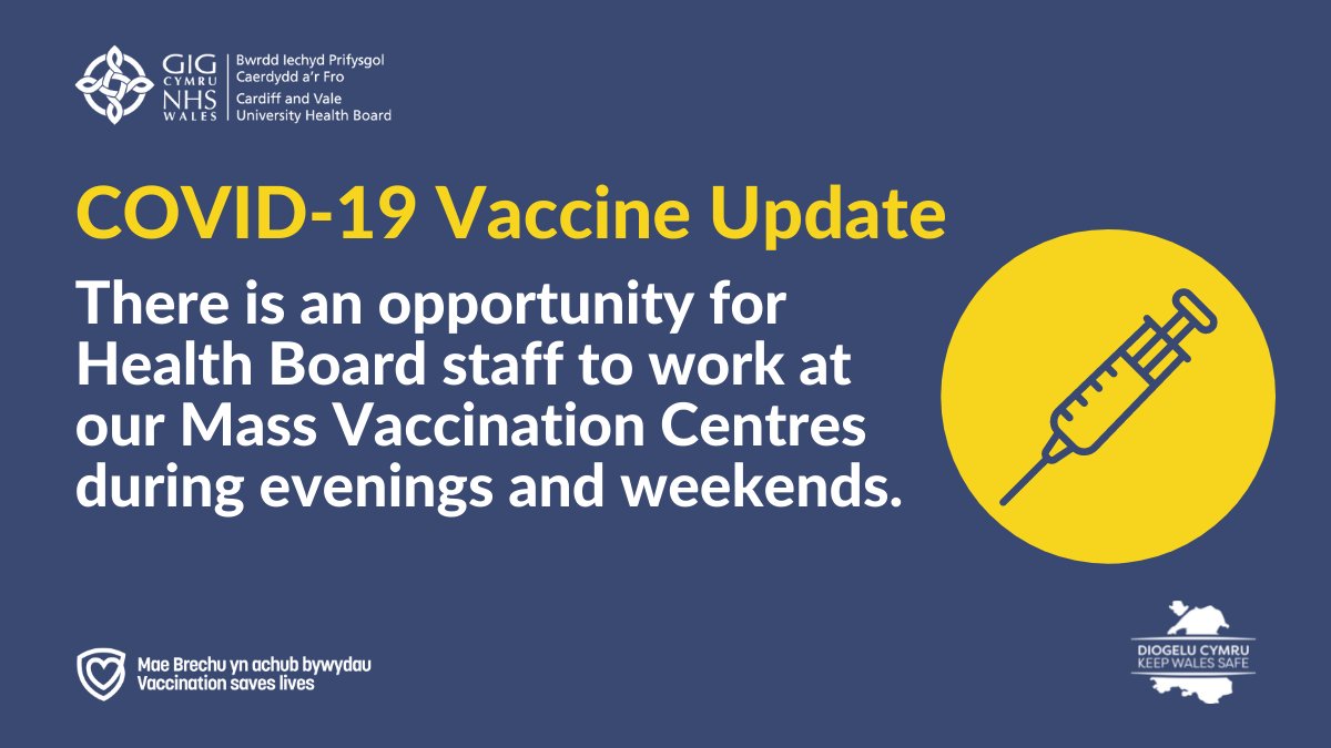 CV_UHB's tweet photo. 📢  There is an opportunity for Health Board staff to work at our Mass Vaccination Centres during evenings and weekends. 

If you’re interested in supporting the effort to vaccinate our population and would like to find out more, please contact: Rebecca.Stringer2@wales.nhs.uk https://t.co/u9qrIIfcJm