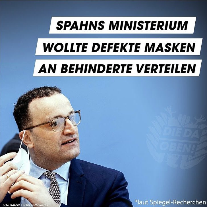 Art.1 GG: "Die Würde des Menschen ist unantastbar"

Spahns Ministerium:
Ja, gut. Aber die untauglichen Masken können wir schon an obdachlose oder behinderte Menschen oder an Bezieher von Hartz 4 verteilen, oder?

#spahnruecktritt