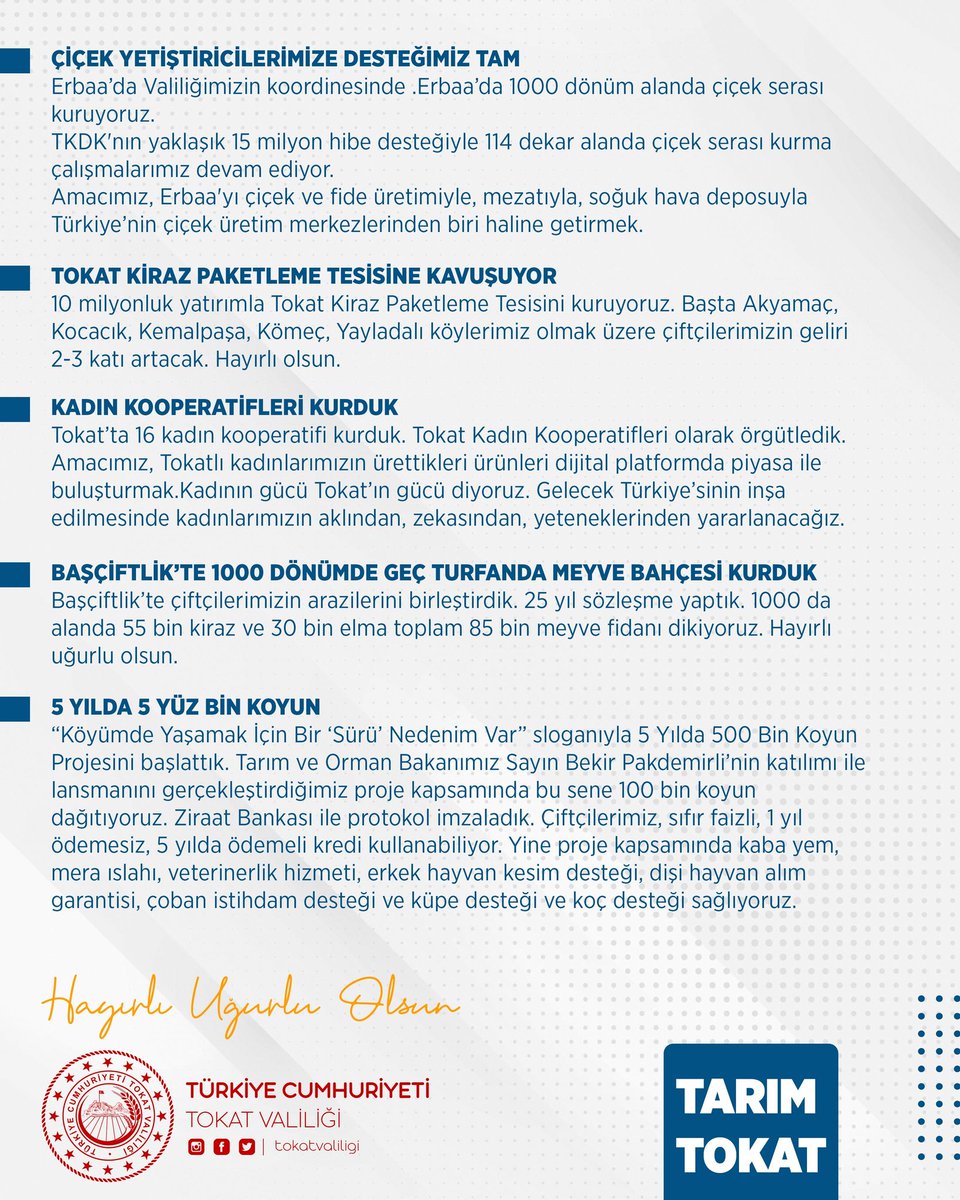 📍TÜRK TARIMININ PARLAYAN YILDIZI TOKAT

Valiliğimiz koordinesinde Tarım Tokat kapsamında yatırımlarımız devam ediyor. 

Emeği geçenlere teşekkür ediyoruz.