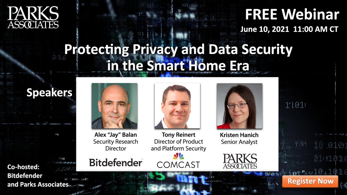AmandaAtParks's tweet photo. .@ParksAssociates and @Bitdefender will co-host a #webinar on Thurs, June 10 at 11 AM CT, which will discuss the risks #consumers face in today’s #data #economy and the tradeoffs between #smarthome and #datasecurity and #privacy: https://t.co/VuXqOQph5i https://t.co/sjwKQItJCX