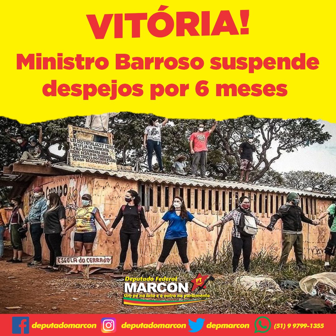 deputadomarcon's tweet photo. 🚩🏠 VITÓRIA DA LUTA: BARROSO SUSPENDE DESPEJOS POR SEIS MESES

O Ministro do STF, Luís Roberto Barroso, suspendeu por 6 meses os despejos de moradores de áreas coletivas ocupadas antes do início da pandemia.

#DespejoZero #Moradia #MNLM #DepMarcon https://t.co/B1MAnQYRNJ