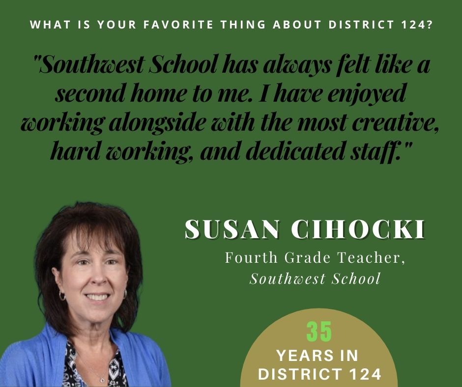 EPSD124's tweet photo. It is our privilege to recognize District 124's retirees in the days leading up to the conclusion of the 2020-2021 school year.

Today we honor Southwest School fourth-grade teacher Susan Cihocki, who has worked in the district for 35 years! https://t.co/t0ZHOzUllH