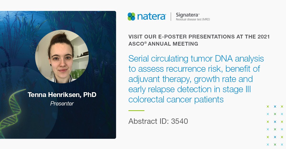 NateraOncology's tweet photo. Check out our poster looking at stage III CRC patients and the clinical utility of ctDNA to help guide decision-making: https://t.co/udDU4niylC
#ASCO21 #SignateraLooksDeeper #CRCSM #Oncology #ColorectalCancer #MRD #PrecisionOncology https://t.co/FBeml3gwHm
