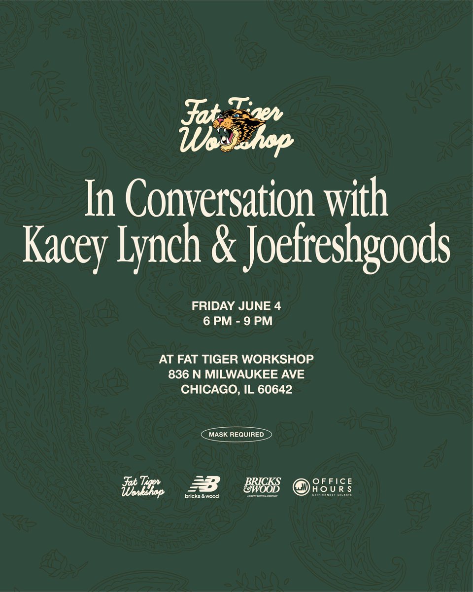 FatTigerWorks's tweet photo. In celebration of @bricksandwood latest release with @newbalance, we will be having a special conversation with @kacey_lynch &amp; @JoeFreshgoods, moderated by @ErnestWilkins. Shoes will be on sale after. 6-9. first come, first serve. https://t.co/zbk5B7EdBE