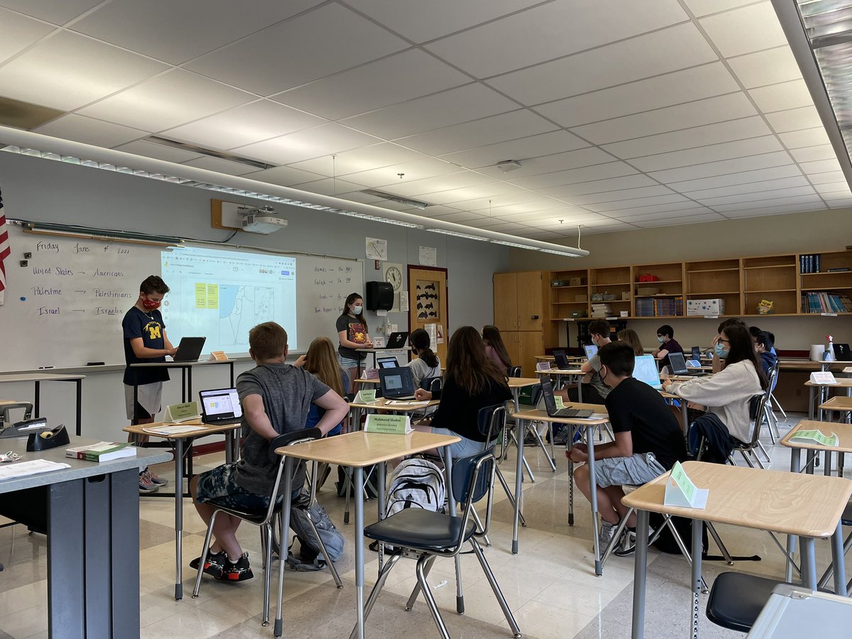 Ms. Lecesse’s 7th grade students participating in an Israeli-Palestinian Peace Conference. The Global Cultures curriculum engages students in researching and critical thinking to try to solve real world problems. These students have some impressive ideas for achieving peace!