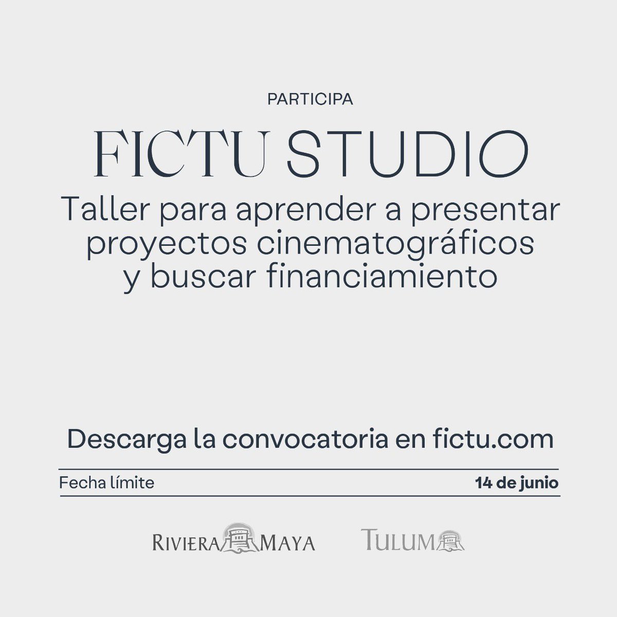 TwittPlaya's tweet photo. Lanza convocatoria el *Festival Internacional de Cine Tulum #FICTU *FICTU Studio*; Taller para aprender a presentar proyectos cinematográficos y buscar financiamiento.
La convocatoria completa está disponible para descarga en: https://t.co/kUMexD17Un
@fictumx #fictutulum https://t.co/7DpuIAzFpa