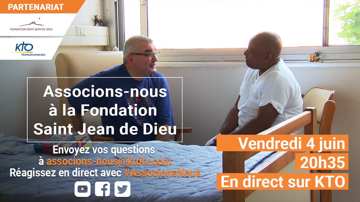 🏥#Crise sanitaire et personnes âgées, quelle prise de conscience ? Que retenir de cette épreuve ? 
Et vous, quelle a été votre expérience ?
🔴Ce vendredi, #AssocionsNous à la Fondation <a href="/SaintJeandeDieu/">Saint Jean de Dieu</a> 
⏲Rejoignez-nous dès 20h35 sur KTO et ktotv.com/article/associ…
