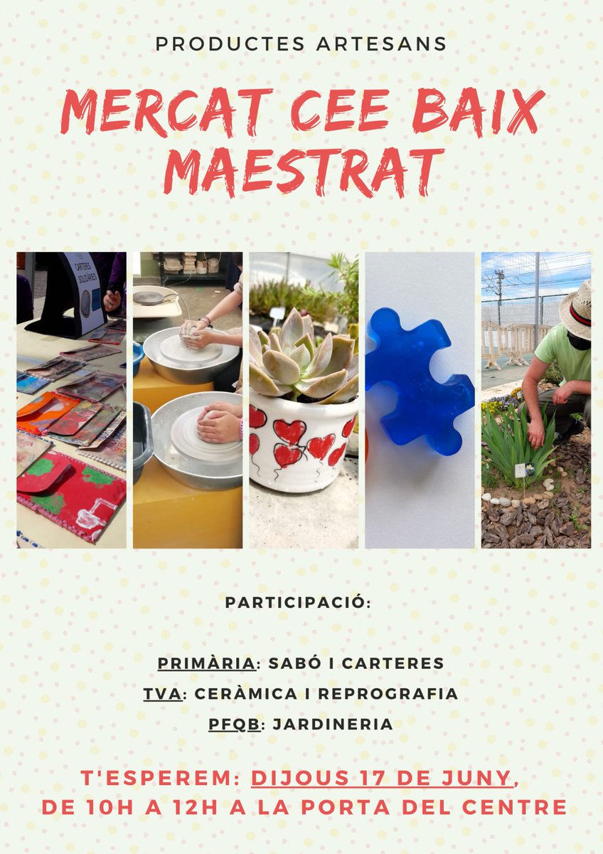 Vols fer un detallet especial? Tenim el que busques! 
El proper dijous 17 de juny, us esperem al mercat solidari del <a href="/CeeBaix/">CEE BAIX MAESTRAT</a> situat a la pròpia porta del centre.
En aquest trobareu productes artesans fets per l'alumnat del centre amb molta estima❤ Són xulíssims! Us esperem!