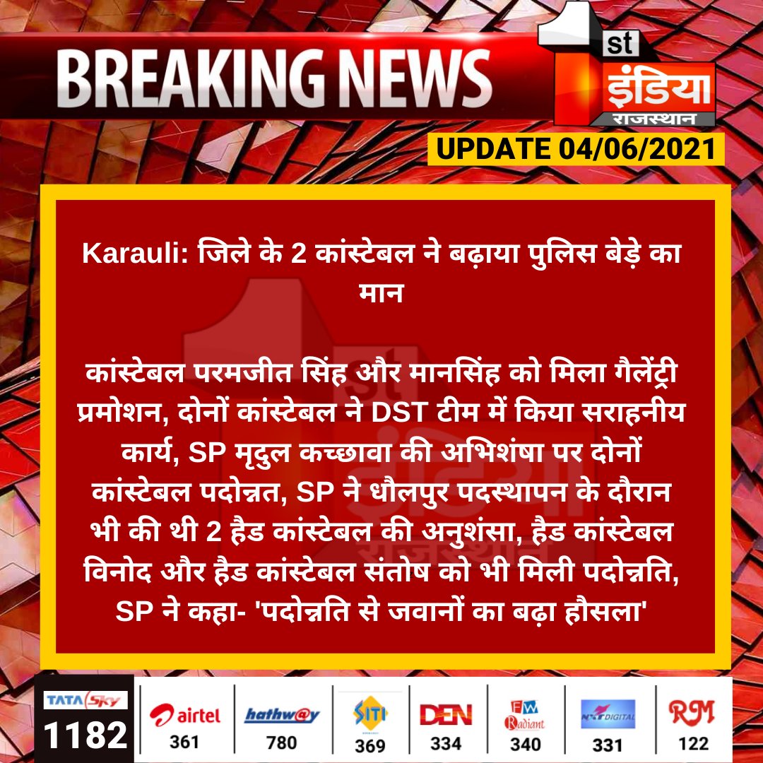 1stIndiaNews's tweet photo. #Karauli: जिले के 2 कांस्टेबल ने बढ़ाया पुलिस बेड़े का मान

कांस्टेबल परमजीत सिंह और मानसिंह को मिला गैलेंट्री प्रमोशन, दोनों कांस्टेबल ने DST टीम में किया सराहनीय कार्य...
@KarauliPolice https://t.co/WwVSaXpSet