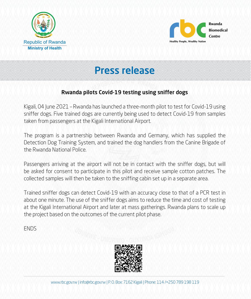 RBCRwanda's tweet photo. Rwanda pilots #COVID19 testing using sniffer dogs.
Press Release ππΎ https://t.co/ra1zmHzVaz