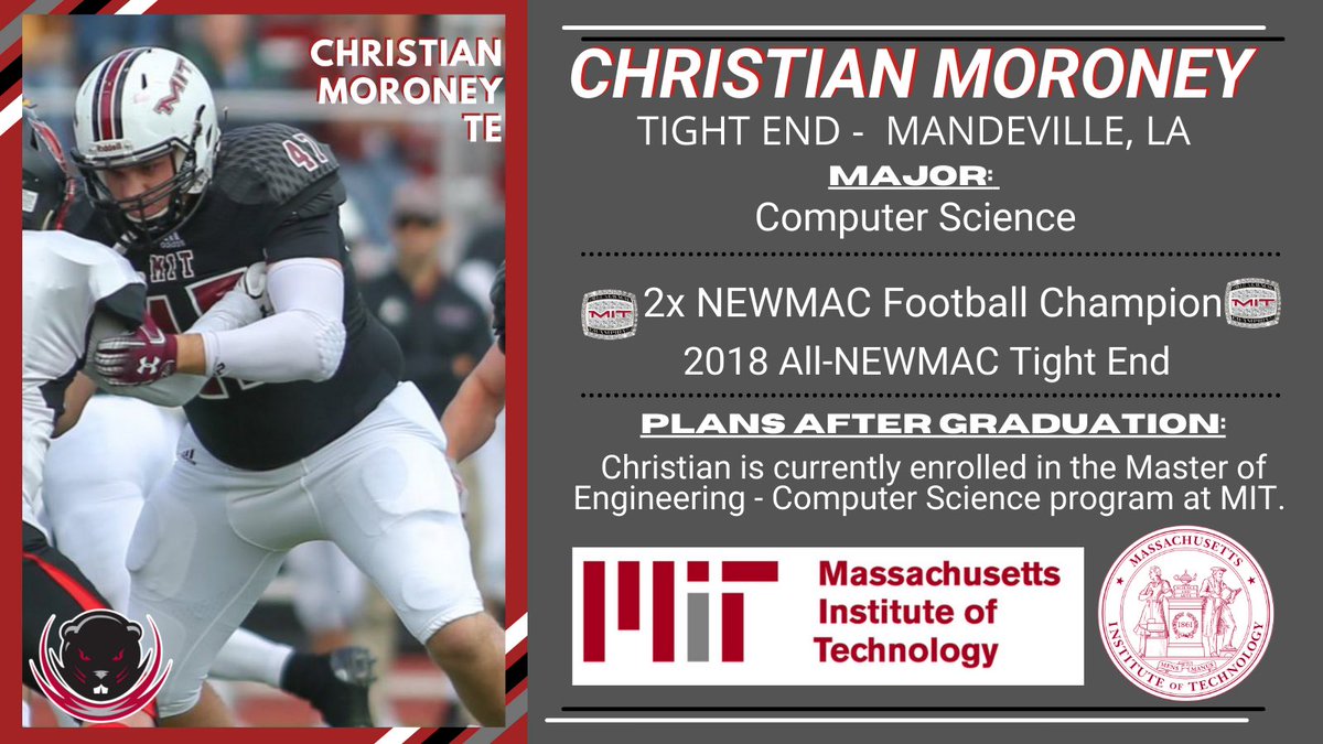 Senior Christian Moroney moved over from the DL after sophomore year and made an immediate impact, earning a nod as a 2018 All-NEWMAC tight end. He’s currently earning his Masters of Engineering in Computer Science at MIT! 💻📚 Congrats, Christian! #RollTech🦫🏈🎓