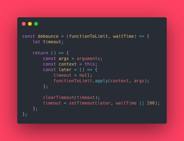 devsamples's tweet image. Debounce functions are a great way to prevent performance issues and unnecessary updates for events like input change, resize, scrolling, etc. Here&apos;s one example:

#javascript #CodeNewbie #100daysofcodechallenge #webdeveloper #100daysofcode #code 
devsamples.com/javascript/deb…