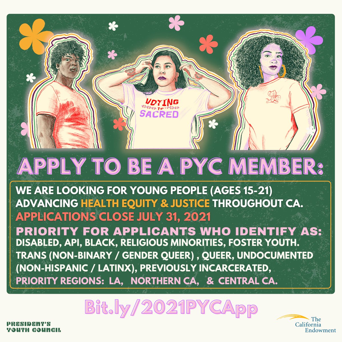 Do you know a young person who has fought for increasing investments in youth and the community, holding the system accountable, or working to build healthy communities across CA? Encourage them to apply to serve on @calendow's President's Youth Council: bit.ly/2021PYCApp!