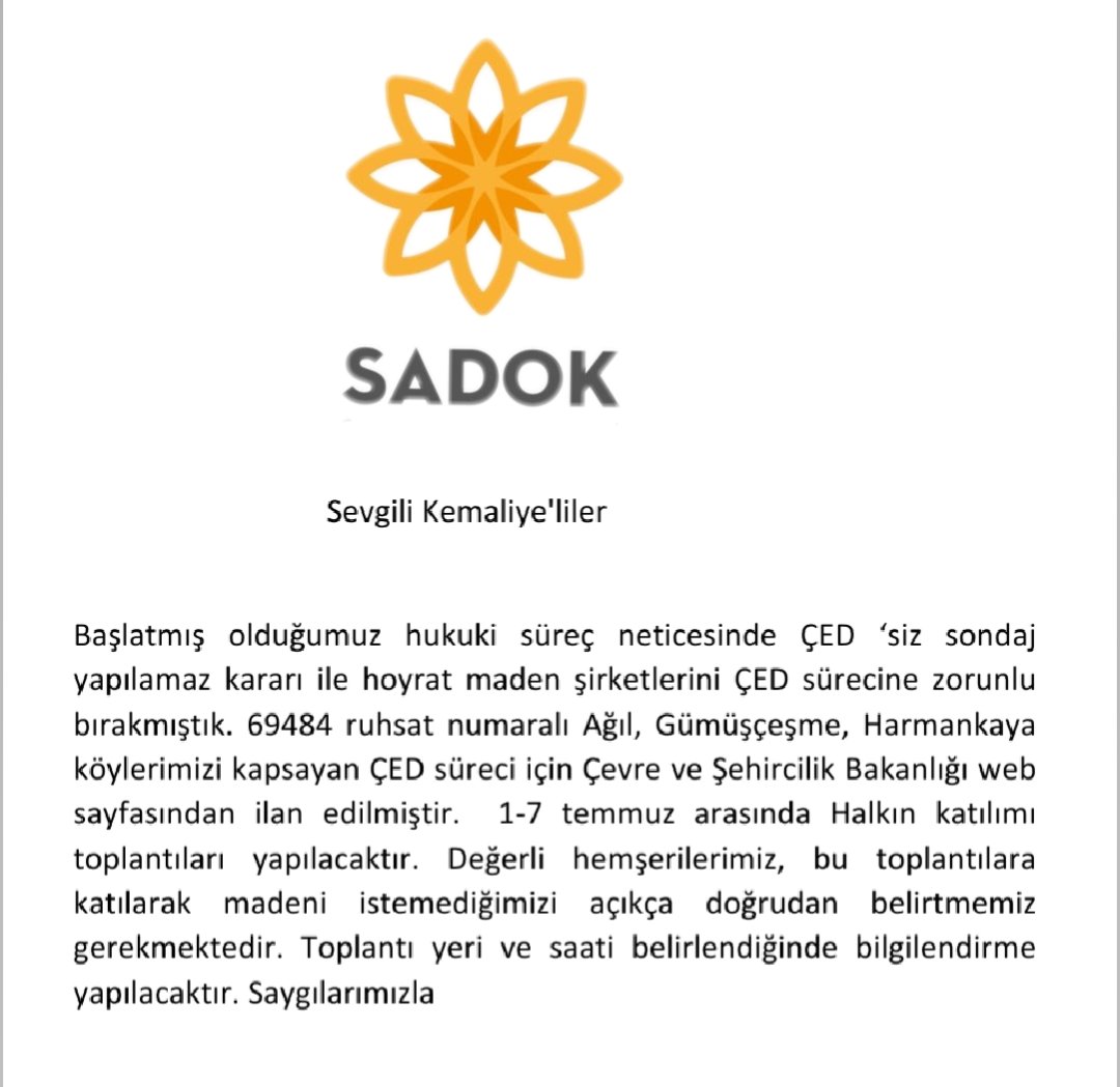 Sevgili Kemaliye'liler
Başlatmış olduğumuz hukuki süreç neticesinde ÇED'siz sondaj yapılamaz kararı ile hoyrat maden şirketlerini ÇED sürecine zorunlu bırakmıştık. 69484 ruhsat numaralı Ağıl, Gümüşçeşme, Harmankaya köylerimizi kapsayan ÇED süreci için.. #erzincan #kemaliye #eğin