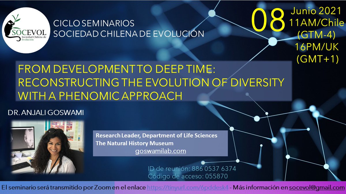 HugoBenitezd's tweet image. Dont miss the oportunity, this Tuesday 8th of June the Chilean Society of Evolutionary Biology @evol_soc
 will have a terrific talk of the Dr. Anjali Goswami @anjgoswami from the Natural History Museum London
Please RT
#evolution #morphometrics @LinneanSociety @NHM_London