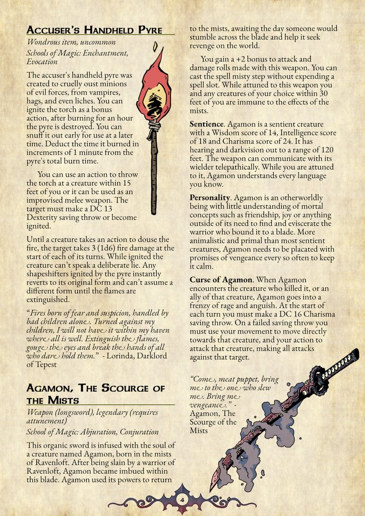 Heya Friends!

<a href="/DarkenCreations/">Darren Kenny</a> , myself, and several others just put out a big book of magic items for your #ravenloft games.

Give these to your players instead of the same old +1 whatever.

It's dangerous to go alone.

#DnD5e #DMsGuild #GuildBulletin

buff.ly/34NPxj3