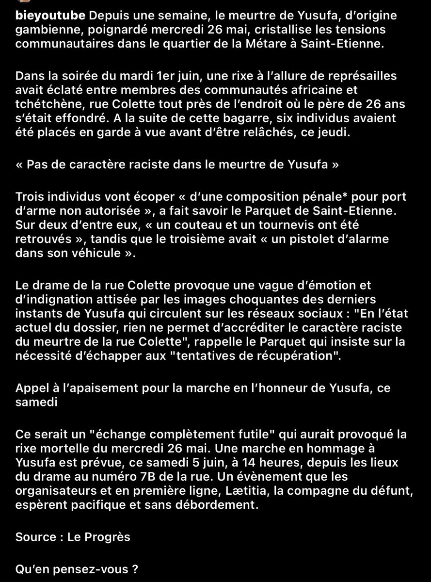 Ça doit pas se passer comme ça !!!! ils l ont tué volontairement on a tous vu les vidéos !!! Les coupables doivent être condamnés et emprisonnés pour meurtre !!! Que la justice fasse correctement son travail dans cette affaire !! Partagez aux maximum #JusticePourYoussoupha